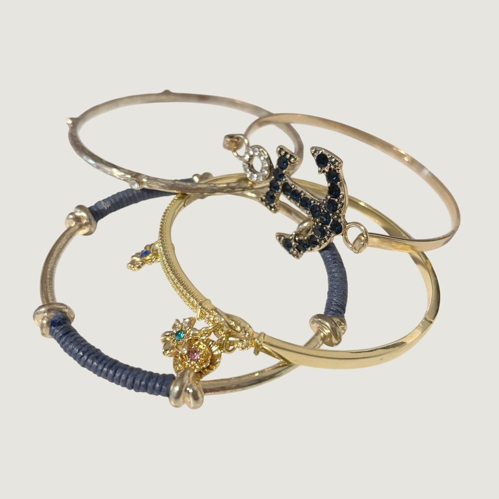 Womens Bangle Bracelet 4pc Set Gold Navy Nautical Anchor Floral Yacht Club Beach